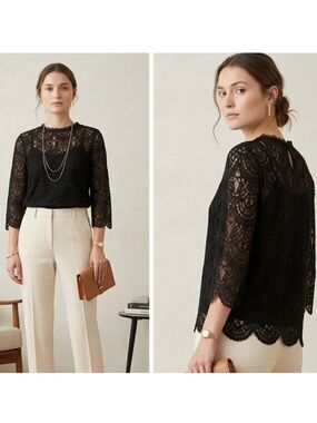 Zara Black Lace Blouse Scalloped Hem Sheer Romantic Goth Parisian Size Large